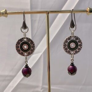 Silver Disc With Purple Bead Dangle Earrings